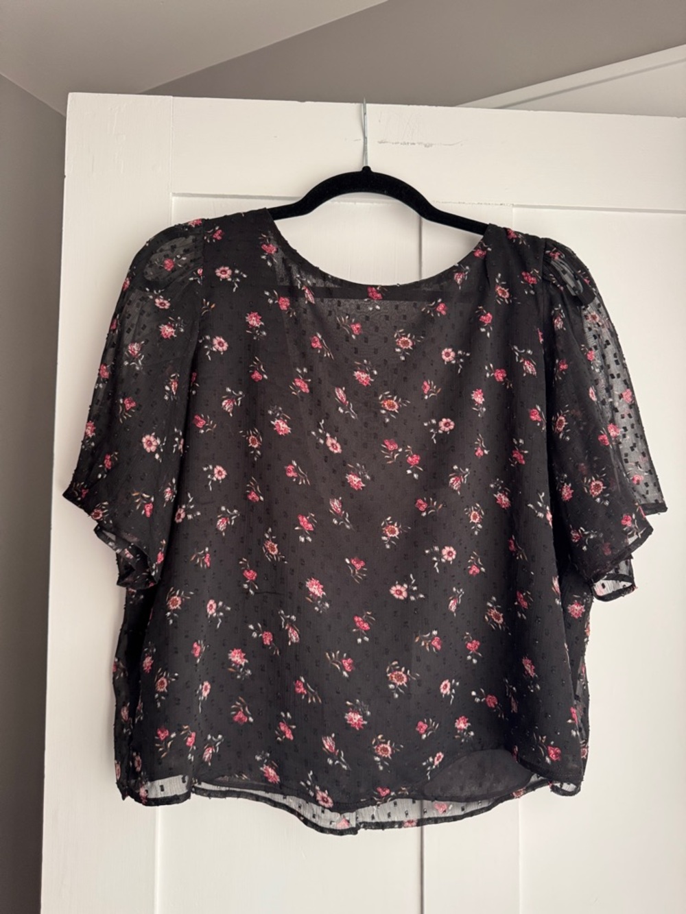 LOFT Black Semi-Sheer Floral Flutter Sleeve Blouse